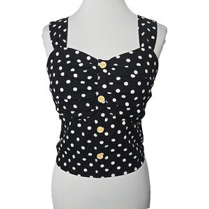 MONTEAU Black Polkadot Cropped Linen Blend Smocked Tank Top Junior XL